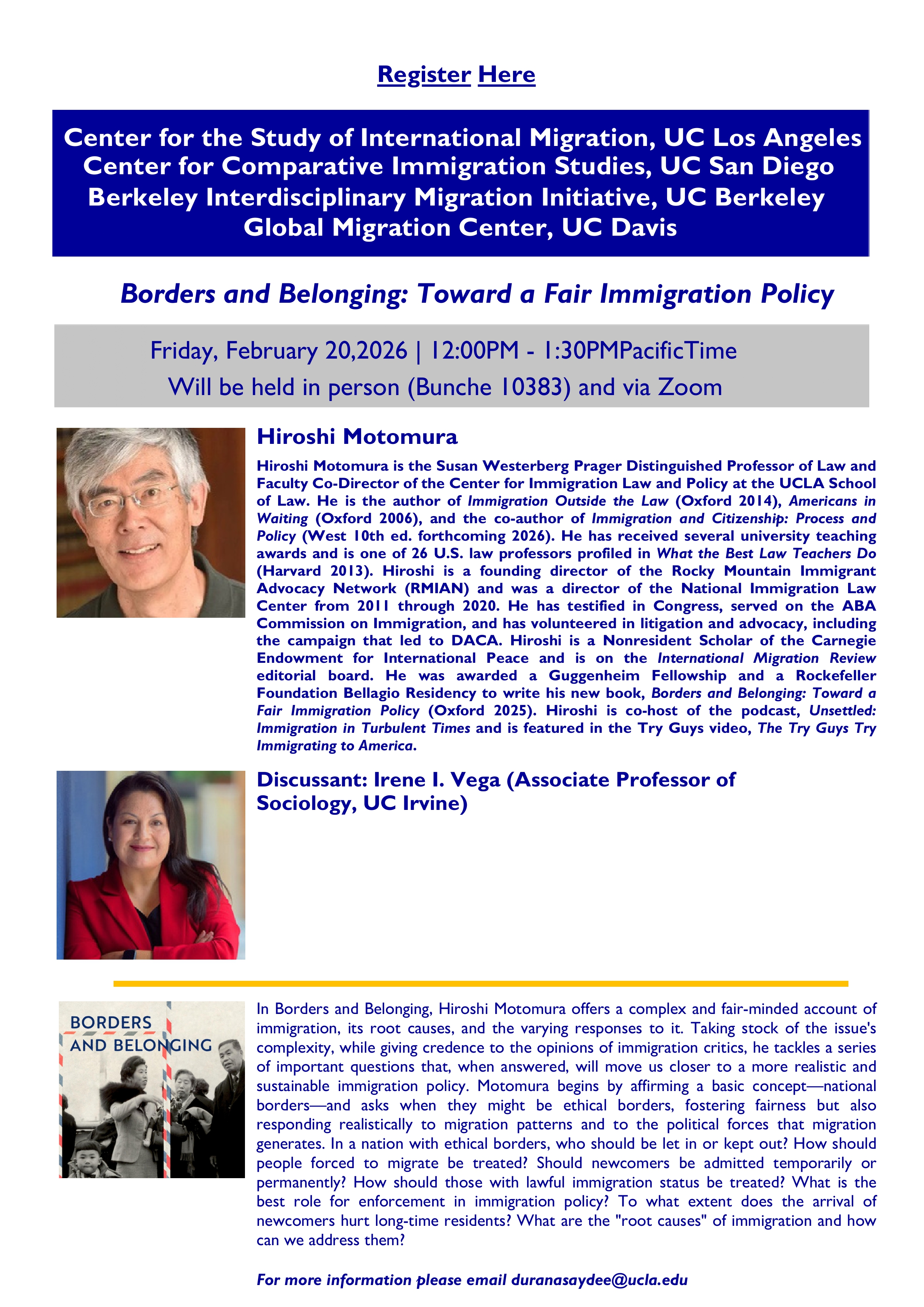 Flyer for an event on immigration policy featuring text and two headshot photos.