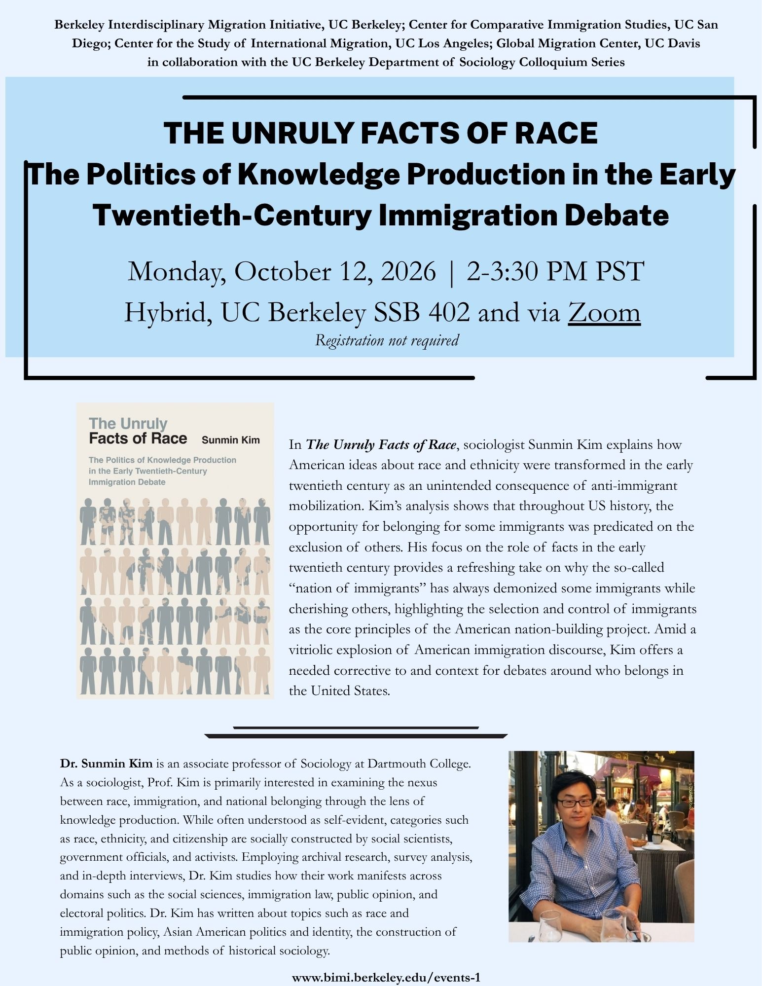 Lecture flyer 'The Unruly Facts of Race' blue header, small photo of a seated smiling womane 