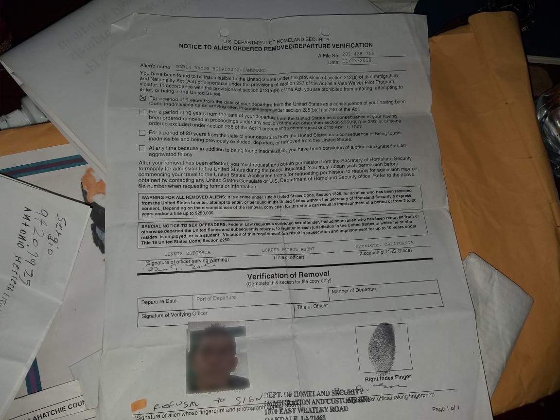 removal form with man's image, fingerprint, and indication that he refused to sign