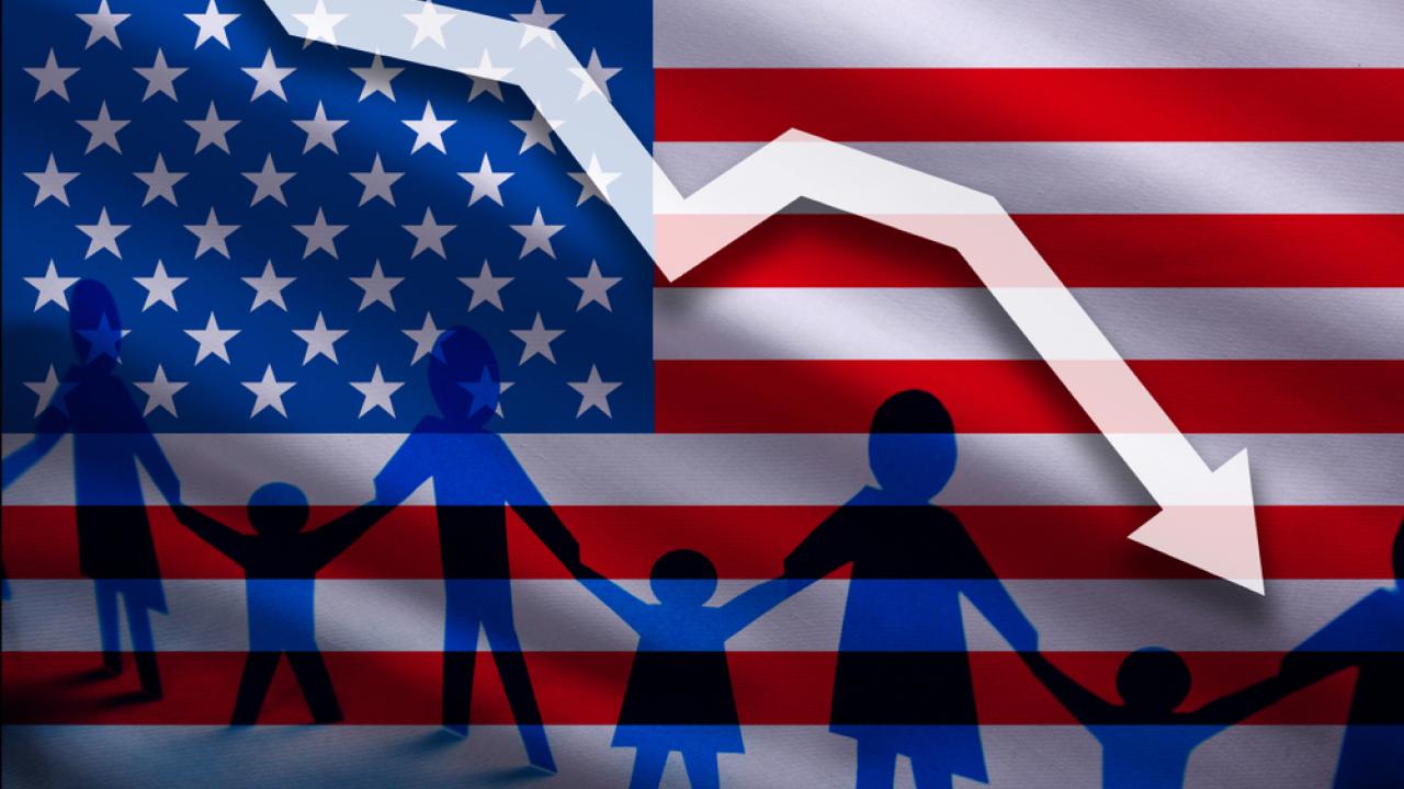 American flag with a declining graph