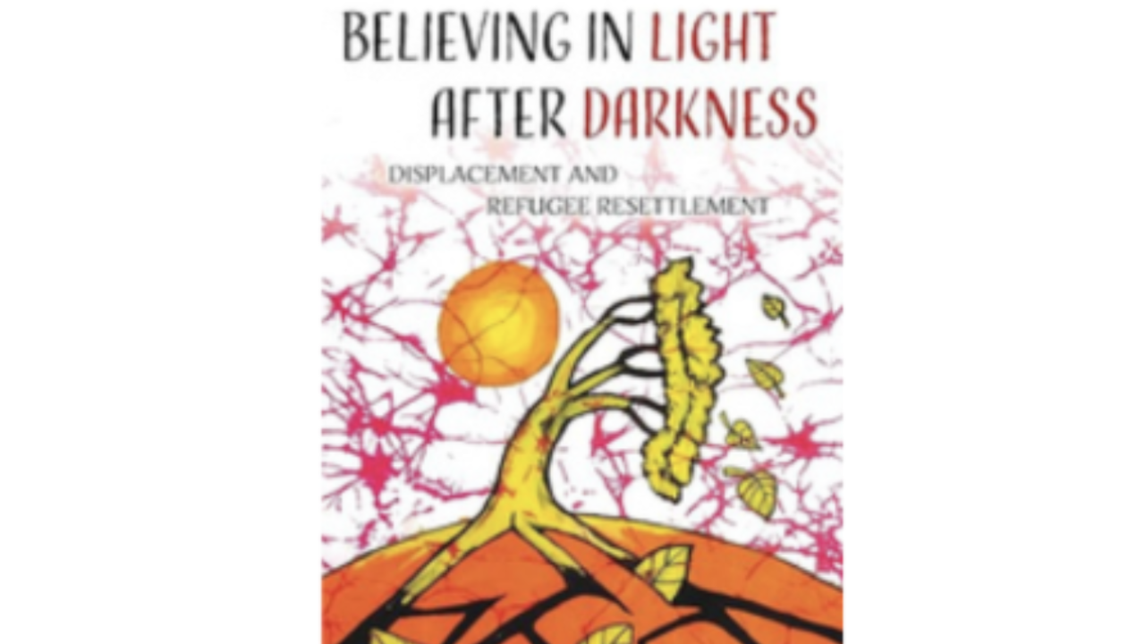 Book cover featuring a tree sprouting from a cracked soil with a bright sun and abstract red branches.