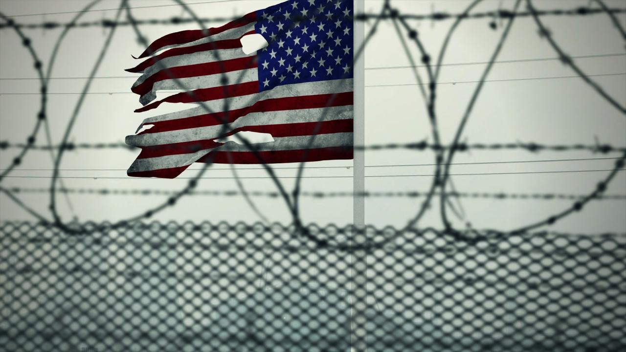 flag and wire fence