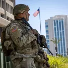 California National Guard members are stationed the Santa Ana Federal Building on June 18 after anti-ICE protests took place outside U.S. federal buildings in Southern California.