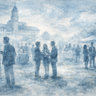 Watercolor scene of a social gathering, with people conversing in an outdoor setting.